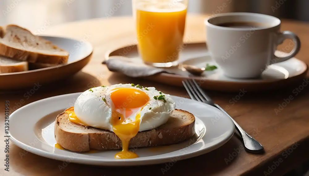Poached Egg on Toast Breakfast with Coffee and Orange Juice on a Table Poached Egg on Toast Breakfast with Coffee and Orange Juice on a Table