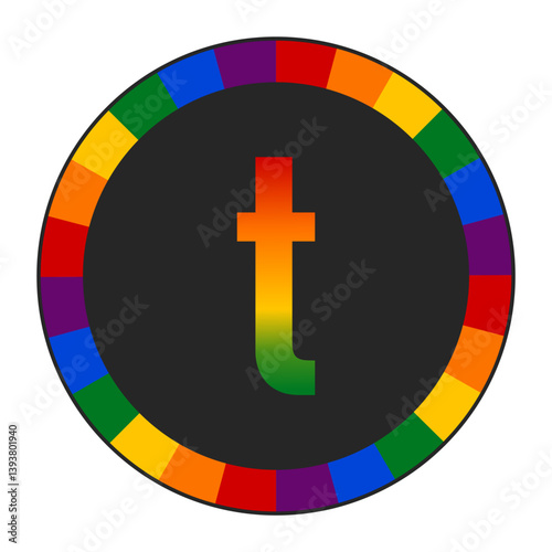 LGBTQ Rainbow Gradient Lowercase Letter “t” Icon - Bold Letter t with Vibrant Rainbow Gradient on Black Background, Pride and Inclusivity, enclosed in a black frame.