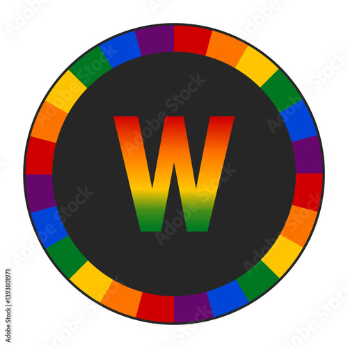 LGBTQ Rainbow Gradient Lowercase Letter “w” Icon - Bold Letter w with Vibrant Rainbow Gradient on Black Background, Pride and Inclusivity, enclosed in a black frame.