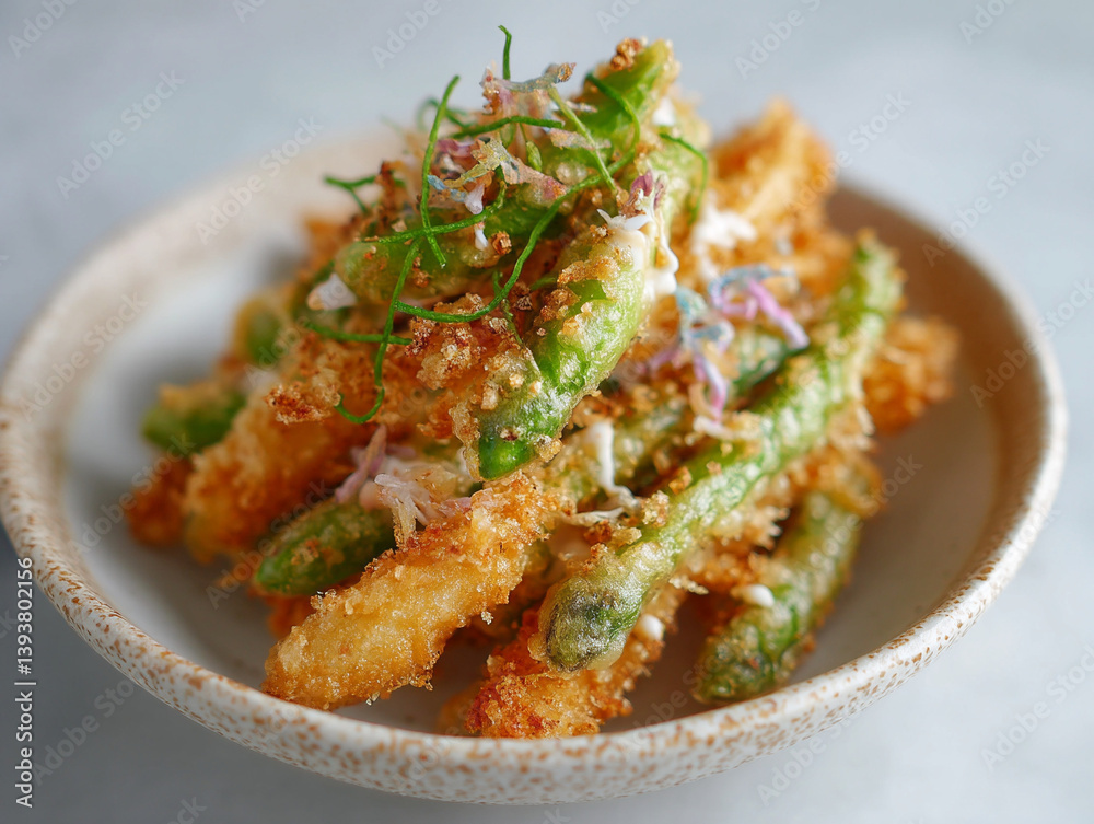 Snap pea tempura with yuzu mayo and furikake Snap pea tempura with yuzu mayo and furikake