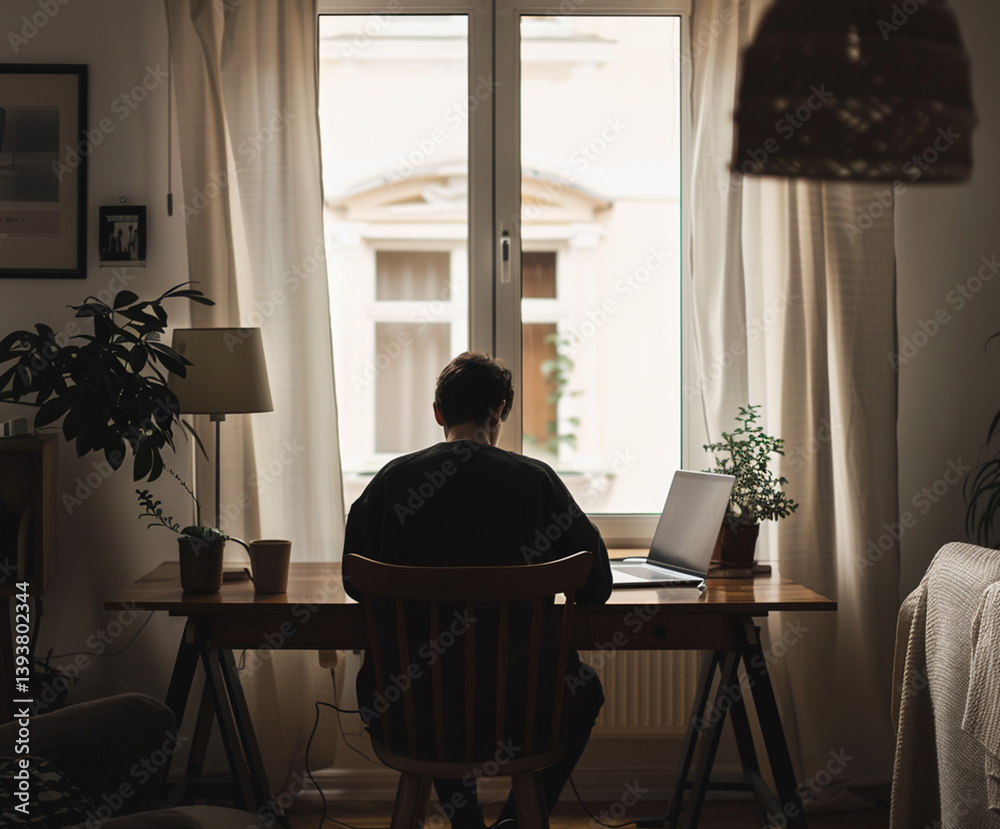 Fototapeta premium Man working on a laptop in a cozy home office with moody lighting and a minimalistic design. Backlit by soft daylight from a large window, surrounded by houseplants and bookshelves, creating a calm an