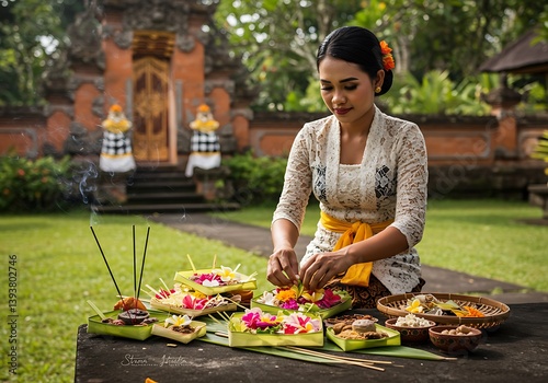 Balinese Woman Preparing Offerings with Flowers and Incense for Ceremony