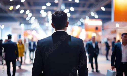 A suited man walking through a crowded event space, back facing the viewer.