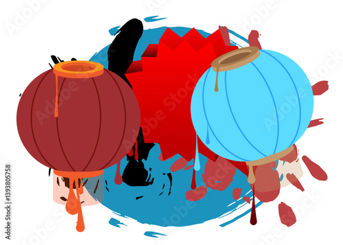 Chinese lantern graffiti. Abstract modern street art decoration performed in urban painting style.
