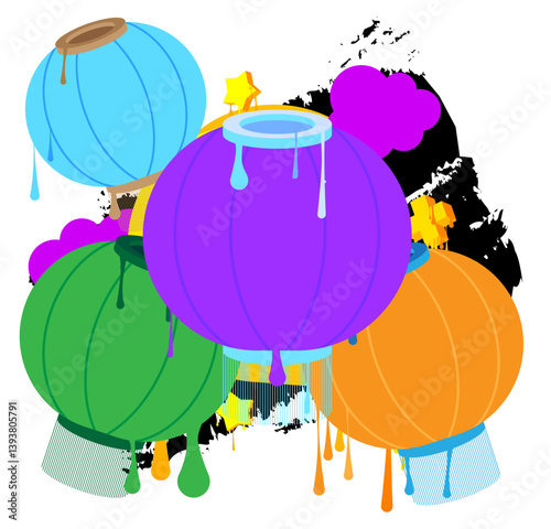 Chinese lantern graffiti. Abstract modern street art decoration performed in urban painting style.