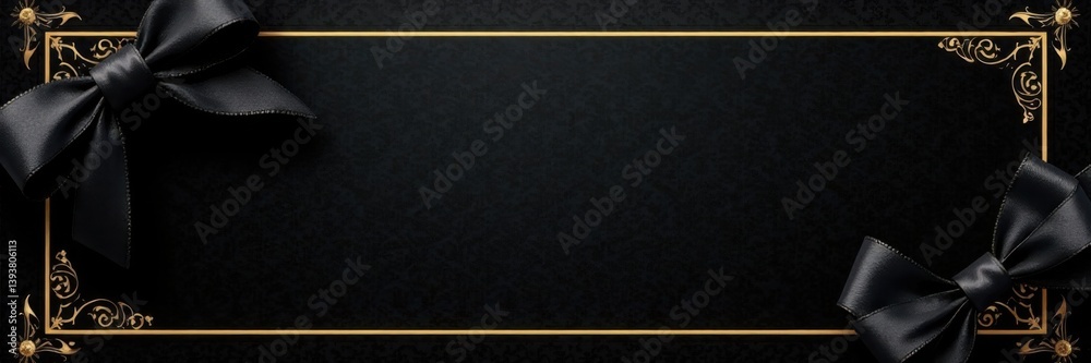 Fototapeta premium Luxurious black invitation card with gold foil accents and satin ribbon, Black Card, Floral Design, VIP Invitation