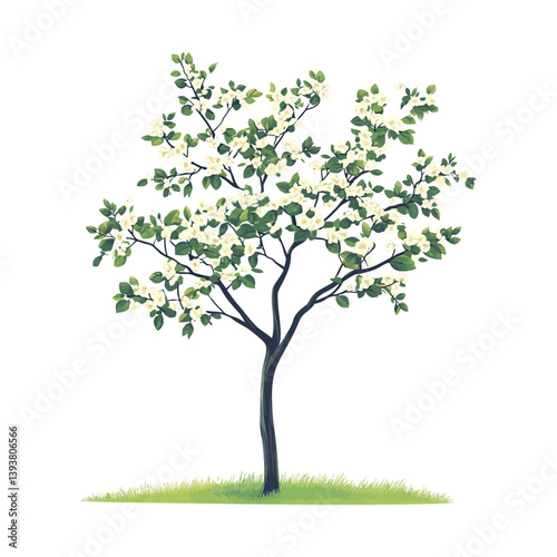 A flowering tree with a mix of colorful vector art