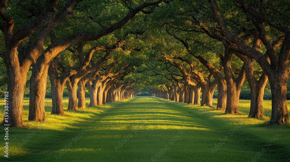 Obraz premium Majestic Canopy: A symmetrical avenue of towering trees forms a verdant tunnel.