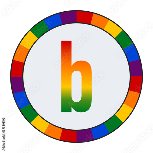 LGBTQ Rainbow Gradient Lowercase Letter "b" Icon - Bold Letter b with Vibrant Rainbow Gradient on White Background, enclosed in a black frame.