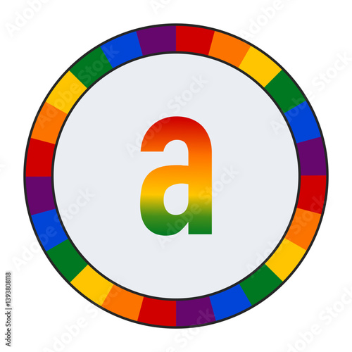 LGBTQ Rainbow Gradient Lowercase Letter "a" Icon - Bold Letter a with Vibrant Rainbow Gradient on White Background, enclosed in a black frame.