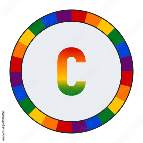 LGBTQ Rainbow Gradient Lowercase Letter "c" Icon - Bold Letter c with Vibrant Rainbow Gradient on White Background, enclosed in a black frame.