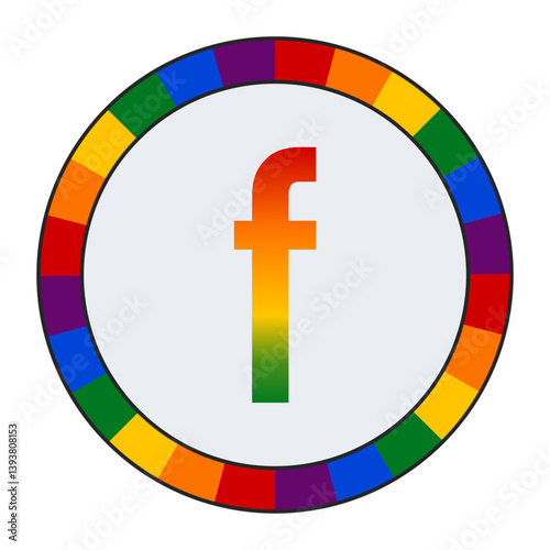 LGBTQ Rainbow Gradient Lowercase Letter "f" Icon - Bold Letter f with Vibrant Rainbow Gradient on White Background, enclosed in a black frame.
