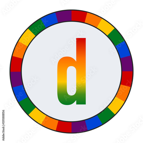LGBTQ Rainbow Gradient Lowercase Letter "d" Icon - Bold Letter d with Vibrant Rainbow Gradient on White Background, enclosed in a black frame.