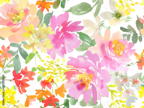Fototapeta Naklejka Na Ścianę i Meble -  PNG seamless pattern of pink peonies and wild flowers painted in watercolor. A floral wallpaper pattern in watercolor with transparent backgroud . Botanical pattern painted in watercolor for wedding.