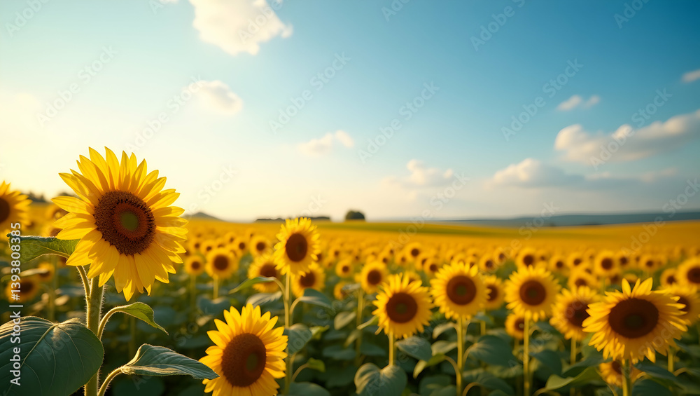 Fototapeta premium Sunflower Field in Full Bloom Under Blue Sky on Sunny Day