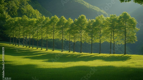 Nature's Symphony of Trees: An awe-inspiring array of trees, precisely aligned, casts lengthy shadows on a verdant field, their vibrant green leaves reaching towards a sun-kissed skyline.