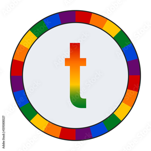 LGBTQ Rainbow Gradient Lowercase Letter "t" Icon - Bold Letter t with Vibrant Rainbow Gradient on White Background, enclosed in a black frame.