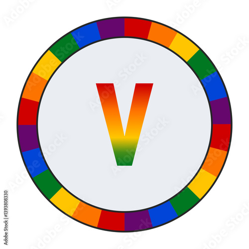 LGBTQ Rainbow Gradient Lowercase Letter "v" Icon - Bold Letter v with Vibrant Rainbow Gradient on White Background, enclosed in a black frame.