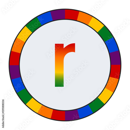 LGBTQ Rainbow Gradient Lowercase Letter "r" Icon - Bold Letter r with Vibrant Rainbow Gradient on White Background, enclosed in a black frame.