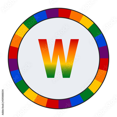 LGBTQ Rainbow Gradient Lowercase Letter "w" Icon - Bold Letter w with Vibrant Rainbow Gradient on White Background, enclosed in a black frame.
