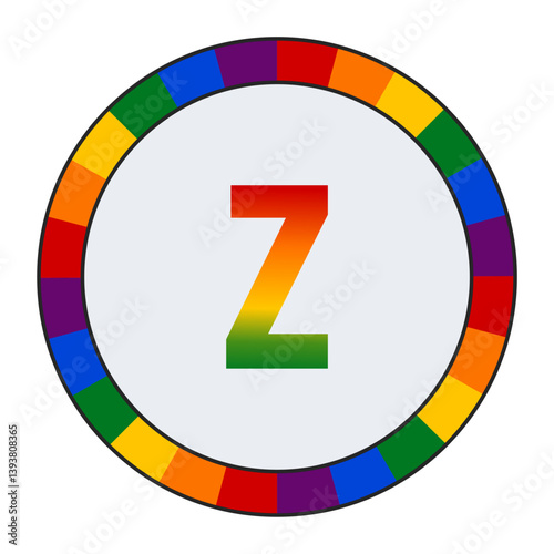 LGBTQ Rainbow Gradient Lowercase Letter "z" Icon - Bold Letter z with Vibrant Rainbow Gradient on White Background, enclosed in a black frame.