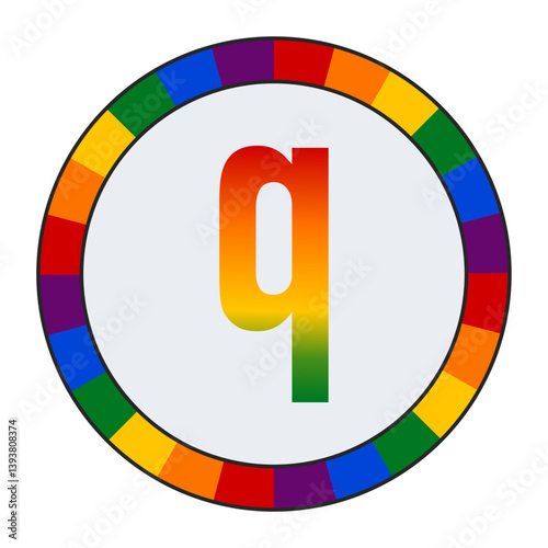 LGBTQ Rainbow Gradient Lowercase Letter "q" Icon - Bold Letter q with Vibrant Rainbow Gradient on White Background, enclosed in a black frame.