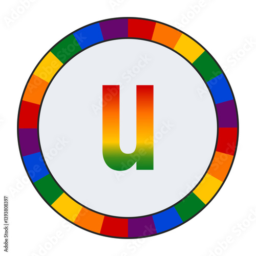 LGBTQ Rainbow Gradient Lowercase Letter "u" Icon - Bold Letter u with Vibrant Rainbow Gradient on White Background, enclosed in a black frame.