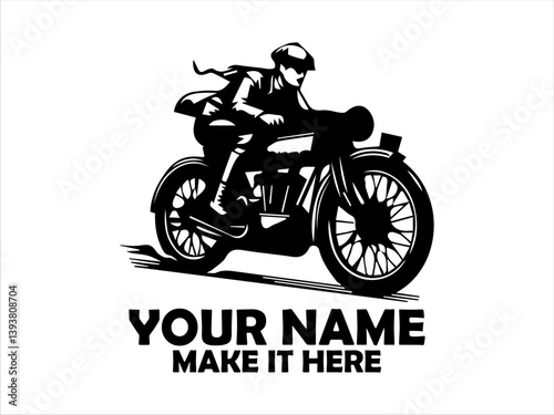 Dynamic monochrome illustration of a vintage motorcycle rider speeding forward with motion lines emphasizing velocity and classic design. logo vector design