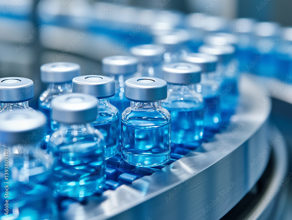 Vials of antibiotics on conveyor belt, showcasing macro photography of pharmaceutical production. blue liquid in vials highlights sterile environment Vials of antibiotics on conveyor belt, showcasing macro photography of pharmaceutical production. blue liquid in vials highlights sterile environment