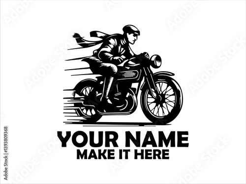 Dynamic monochrome illustration of a vintage motorcycle rider speeding forward with motion lines emphasizing velocity and classic design. logo vector design