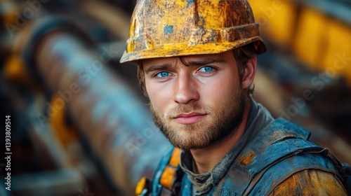 Industrious Gaze: A focused construction worker with intense blue eyes, and a sun-kissed complexion, in his protective helmet, embodies determination.