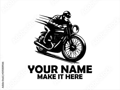 Dynamic monochrome illustration of a vintage motorcycle rider speeding forward with motion lines emphasizing velocity and classic design. logo vector design