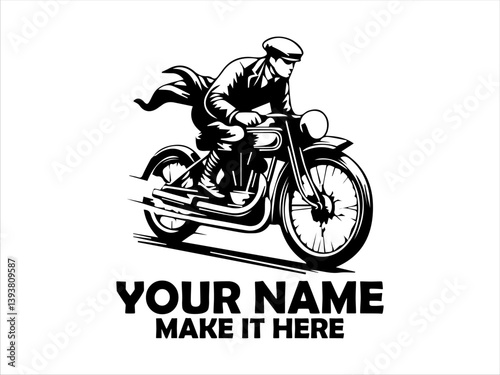 Dynamic monochrome illustration of a vintage motorcycle rider speeding forward with motion lines emphasizing velocity and classic design. logo vector design