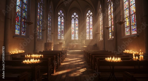 A peaceful church interior filled with candlelight and sunlight streaming through vibrant stained glass windows, creating a sacred and serene atmosphere for prayer and reflection.