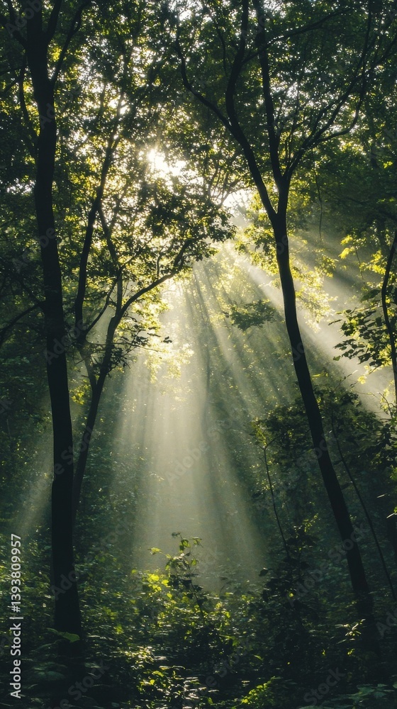 Sunlight shining through trees in a forest, creating a magical and serene atmosphere Sunlight shining through trees in a forest, creating a magical and serene atmosphere
