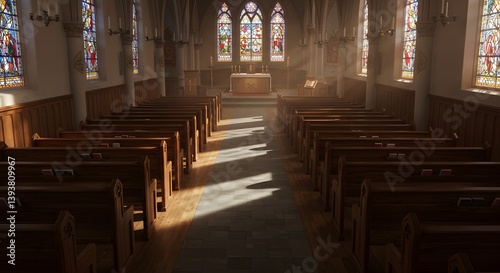 A peaceful church interior filled with candlelight and sunlight streaming through vibrant stained glass windows, creating a sacred and serene atmosphere for prayer and reflection.