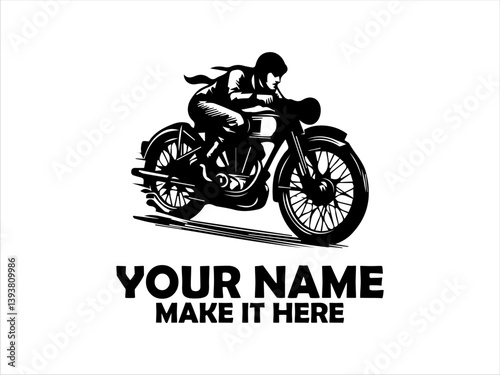 Dynamic monochrome illustration of a vintage motorcycle rider speeding forward with motion lines emphasizing velocity and classic design. logo vector design