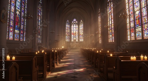 A peaceful church interior filled with candlelight and sunlight streaming through vibrant stained glass windows, creating a sacred and serene atmosphere for prayer and reflection.