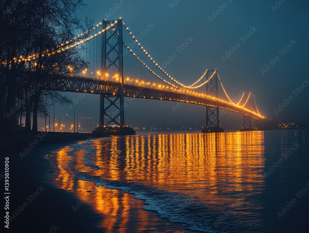 Fototapeta premium Illuminated suspension bridge at twilight with reflections on calm water