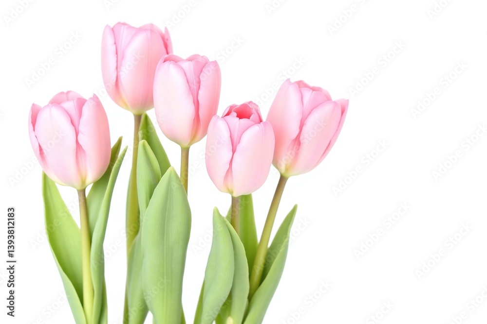 row of pink tulips with green leaves on a white background row of pink tulips with green leaves on a white background