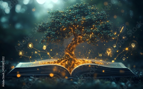 Tree of knowledge growing from an open book, each leaf representing the development of education, AI technology symbols emerging from the branches, futuristic glow, 3D digital art