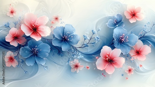 Beautiful pink and blue flowers bloom in an elegant floral design