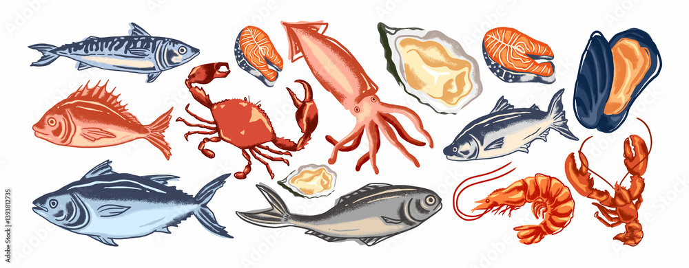 Naklejka premium Set of Seafood Animal Illustrations