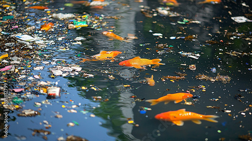 Polluted pond with goldfish, plastic waste, urban background; environmental impact