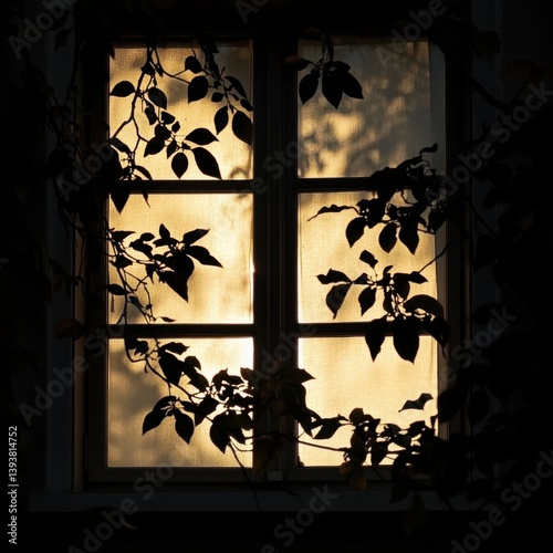 Warm golden light filtering through window pane, leaves casting silhouettes