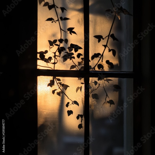 Sunrise through a frosted window pane with climbing plants