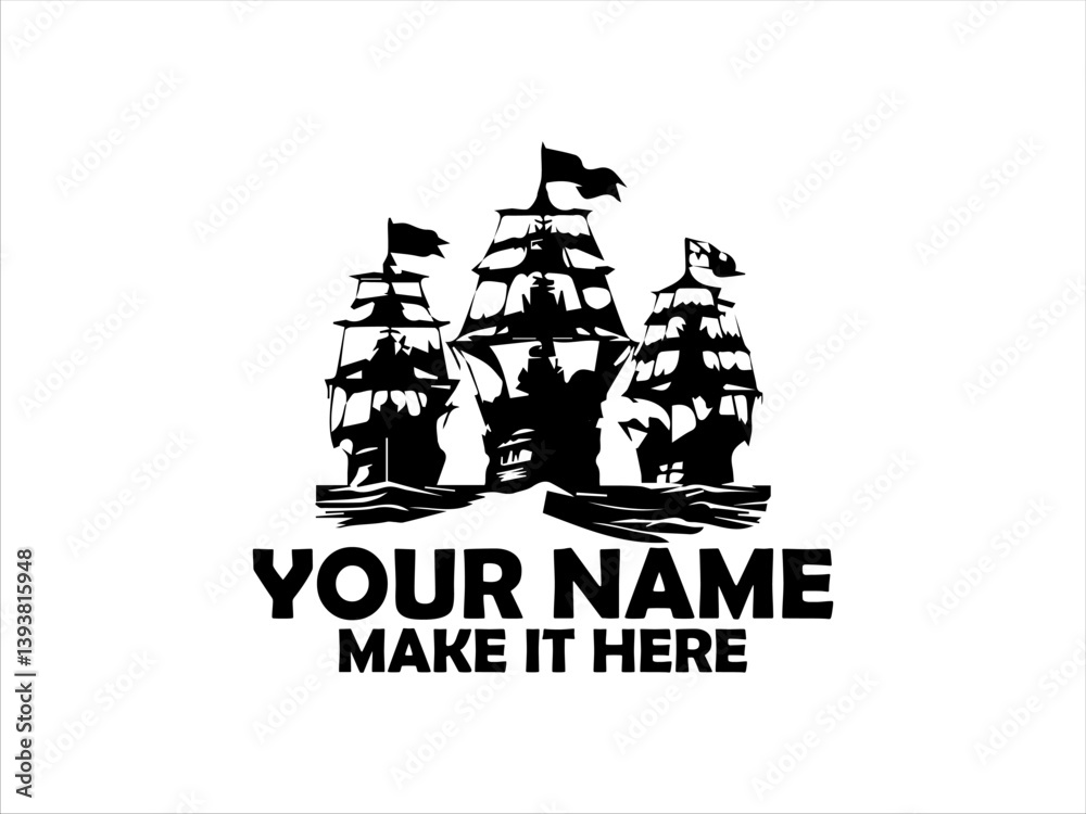 Fototapeta premium Three majestic sailing ships navigating choppy ocean waves under a monochrome engraving style. Nautical concept and logo vector design