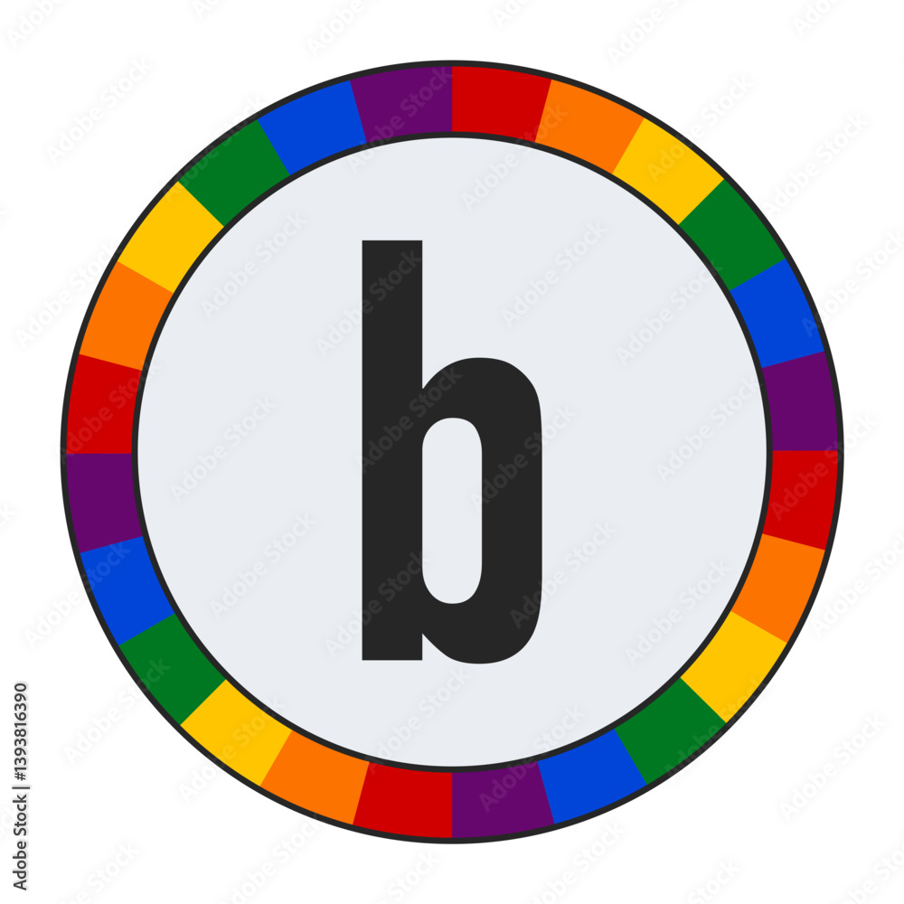 Obraz premium Bold lowercase letter b in Center of Colorful Circular Rainbow Border on Light Gray Background, enclosed in a black frame.