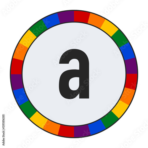 Bold lowercase letter a in Center of Colorful Circular Rainbow Border on Light Gray Background, enclosed in a black frame.