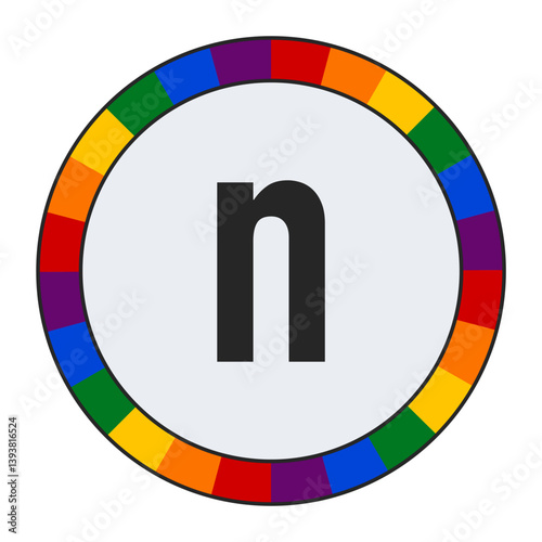 Bold lowercase letter n in Center of Colorful Circular Rainbow Border on Light Gray Background, enclosed in a black frame.